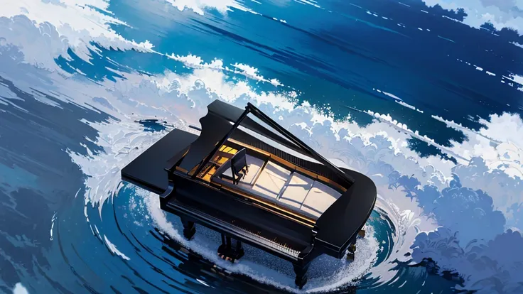 a large black grand piano placed beside a small stream lined with irises、white clouds in blue sky、a typical grand piano