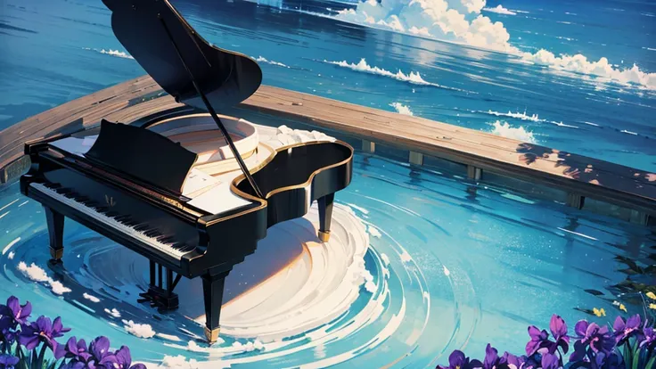 a large black grand piano placed beside a small stream lined with irises、white clouds in blue sky、a typical grand piano