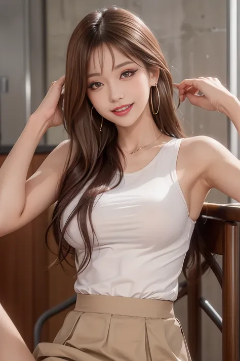 Highest quality, expensive_solve, clear_image, Detailed Background ,girl, RisaHamazak1, Brown Hair, Long Hair, Brown eyes, Hoop Earrings, amount, Large Breasts, Tank top, Sleeveless shirt, Brown Skirt, smile, View your audience, 1人のgirl, alone, Trance、幸せなs...