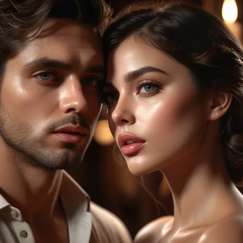 a romantic couple, beautiful detailed eyes, beautiful detailed lips, extremely detailed face and body, intricate details, soft lighting, warm colors, cinematic lighting, photorealistic, masterpiece, 8k, high quality, trending on artstation, chiaroscuro, dr...