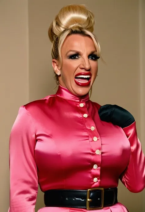 closeup shot in 1960, (muscular evil angry britney spears showing closed teeth with flared nostrils and furrowed brows:1.5) in a (closed satin skintight silk buttondown band collar blouse with large shoulder-pads and extremely tight belt:1.6), tight hairbu...