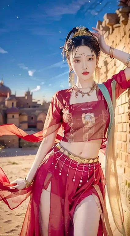 (8k, RAW photo, best quality, masterpiece:1.2), (realistic, photo-realistic:1.4), (extremely detailed CG unity 8k wallpaper), (1 girl:1.5), Western beauty, (Red clothes: 1.4), red spots on forehead, pale skin, blush, big eyes, full body, thighs, open navel...