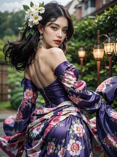 Long flowing skirt、Arms and back exposed、Glitter、Perfect figure、Big bust and fair skin、Gorgeous dark purple satin evening dress、Dark purple satin long gloves、big black pearl necklace、Wearing gorgeous accessories、（Dancing in the courtyard with the night sky...