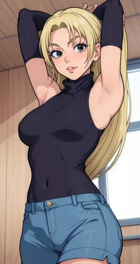 Yuki Tsukumo, 1girl, Adult Woman, 50 years , blonde, long hair, female focus, solo, sleeveless turtleneck, facing viewer, arms up, armpits visible, detailed armpits