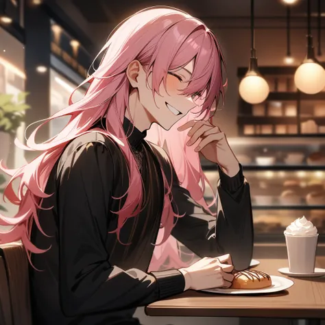 Long hair, 1boy, male focus, masterpiece, best quality, very aesthetic, absurdres, long pink hair, sitting at cafe table, cozy lighting, decadent, cafe background, smiling, happy, good hands, detailed, high quality