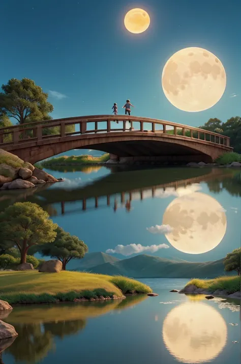 Bridge with sun going away, reflection of the sun in the water and the moon rising, with one jumping with a moon necklace