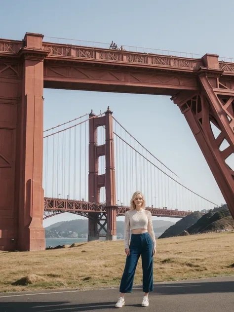 her name is Elle, high quality, 1girl, ((20-year-old fit Caucasian woman)), ((20 years old)), ((fit)), ((pale skin)), short bob blonde hair , wearing Crochet Crop Top + High-Waisted Linen Pants, pose: standing, background: Capture the iconic view of San Fr...