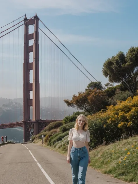 her name is Elle, high quality, 1girl, ((20-year-old fit Caucasian woman)), ((20 years old)), ((fit)), ((pale skin)), short bob blonde hair , wearing Crochet Crop Top + High-Waisted Linen Pants, pose: standing, background: Capture the iconic view of San Fr...