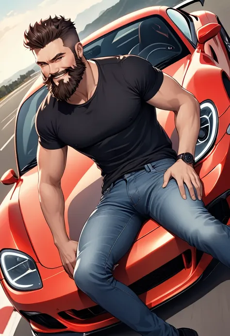 detailed illustration, dynamic angle, ultra-detailed, illustration, 1man, youthful, smirk, black shirt, jeans, sitting on a sports car, sexy, seductive, beard, smile, cruel