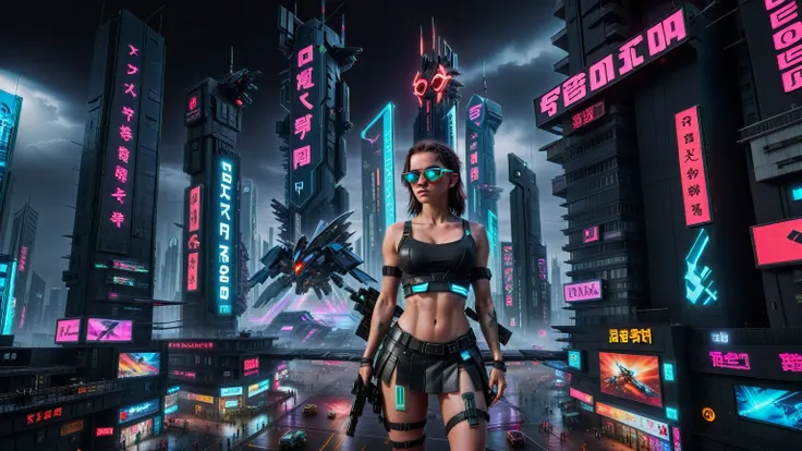 (((aerial view))) image of a cyberpunk cityscape, (((all-glass))) towering skyscrapers, a lot of neon lights and holographic bil...