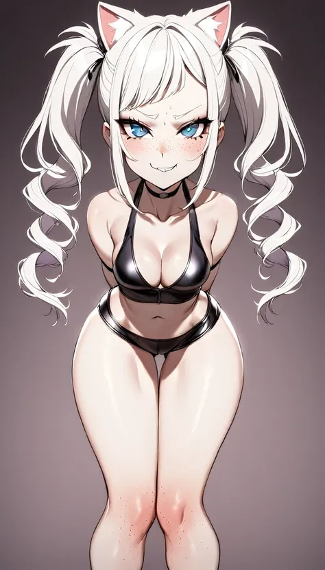 1 Girl, Cosplay Cat Girl, Medium Breasts, Booty Shorts, Blue Eyes, Platinum White Hair, Twin Tail Hair Style, Pale White Skin, Smooth Skin, Face Freckles, Leather Straps on Thighs, Nice Cleavage, Slutty, Sexy, Sassy, Smirking, Tease, Teasing, (foot fetish)