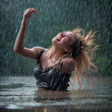 masterpiece of extremelydetailed (professionalphoto of stunning women:1.4) looking at sky, (((downpour))), braidhair with bun, (...