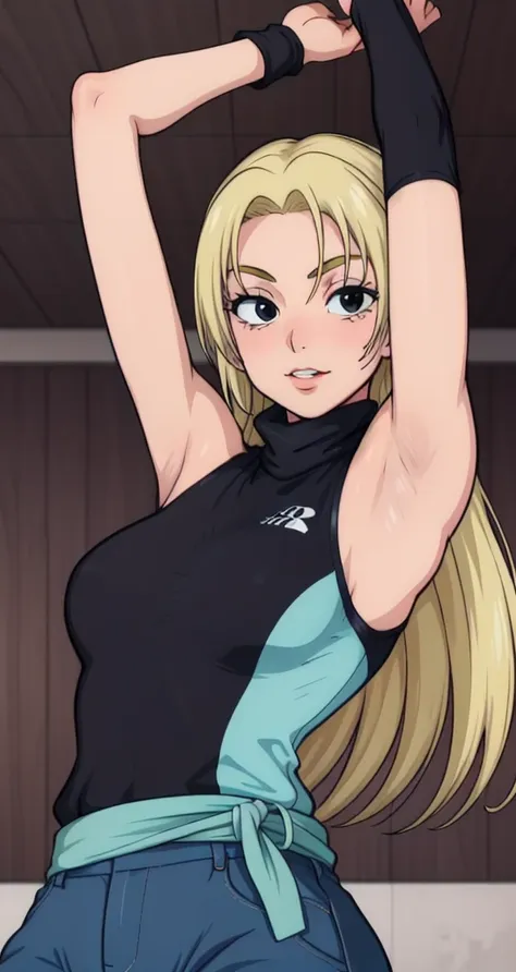 Yuki Tsukumo, 1girl, Adult Woman, 50 years , blonde, long hair, female focus, solo, black sleeveless turtleneck, facing viewer, arms up, armpits visible, detailed armpits