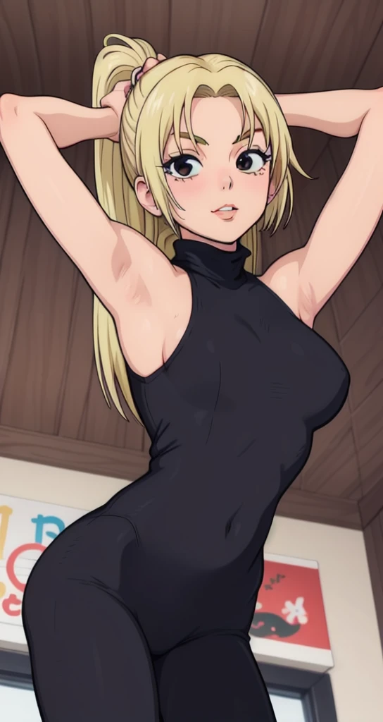 Yuki Tsukumo, 1girl, Adult Woman, 50 years , blonde, long hair, female focus, solo, black sleeveless turtleneck, facing viewer, arms up, armpits visible, detailed armpits