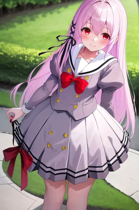 masterpiece, best quality, highres, 1girl kisara hair ribbon, grey serafuku red bow white skirt In a park standing looking at the viewer smiling happily.