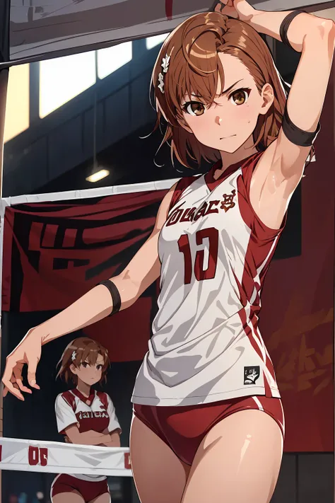 (Highest quality:1.5, High resolution, uhd, 4K, Detailed lighting, Shaders), ((Misaka Mikoto)) ,solo short hair　Brown Hair　Brown eyes　Cool face　　((Volleyball Uniforms))++　Realistic gym　 Sweat　Super oily skin　　Preparing for exercise　No ball　((No sleeve))　Co...