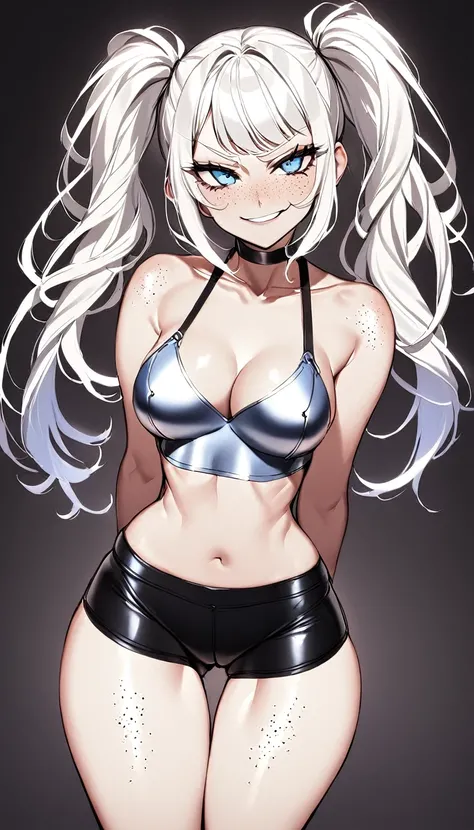 1 Girl, Full Plate Mail Armour, Medium Breasts, Booty Shorts, Blue Eyes, Platinum White Hair, Twin Tail Hair Style, Pale White Skin, Smooth Skin, Face Freckles, Leather Straps on Thighs, Nice Cleavage, Slutty, Sexy, Sassy, Smirking, Tease, Teasing,