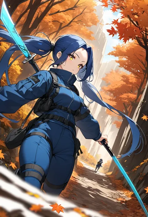 (One very tall woman,Navy Blue Hair,Her hairstyle is twin tails that expose her forehead.,Medium chest,yellow eyes,Dynamic Angle)Japanese spear-wielding woman,Techwear,The background is a hiking trail with autumn leaves on the mountain