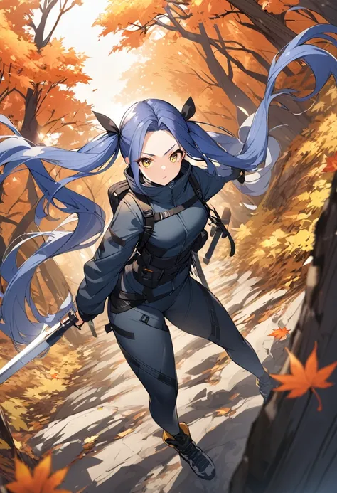 (One very tall woman,Navy Blue Hair,Her hairstyle is twin tails that expose her forehead.,Medium chest,yellow eyes,Dynamic Angle)Japanese spear-wielding woman,Techwear,The background is a hiking trail with autumn leaves on the mountain