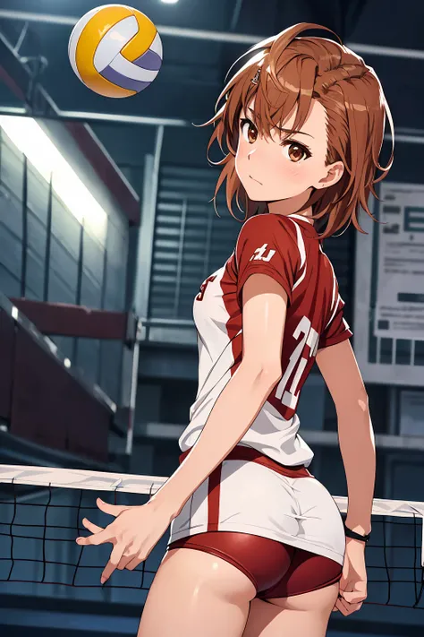 (Highest quality:1.5, High resolution, uhd, 4K, Detailed lighting, Shaders), ((Misaka Mikoto)) ,solo short hair　Brown Hair　Brown eyes　Cool face　　((Volleyball Uniforms))++　Realistic gym　 Sweat　Super oily skin　　Preparing for exercise　No ball　((No sleeve))　Co...