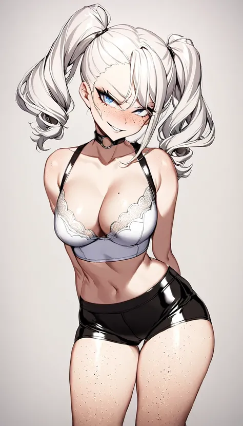 1 Girl, lace Dress, Medium Breasts, Booty Shorts, Blue Eyes, Platinum White Hair, Twin Tail Hair Style, Pale White Skin, Smooth Skin, Face Freckles, Leather Straps on Thighs, Nice Cleavage, Slutty, Sexy, Sassy, Smirking, Tease, Teasing,