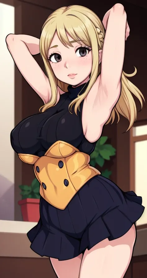 Yuniko Rina, 1girl, Adult Woman, 50 years , blonde, long hair, female focus, solo, black sleeveless turtleneck, facing viewer, arms up, armpits visible, detailed armpits