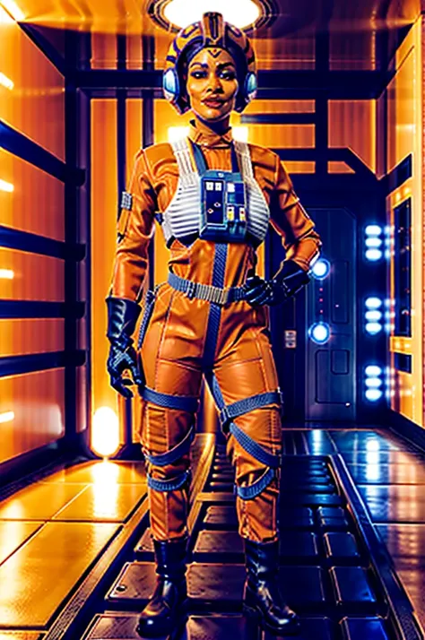 twilek in rebel pilot suit,orange skin,futuristic corridor,tech,space base