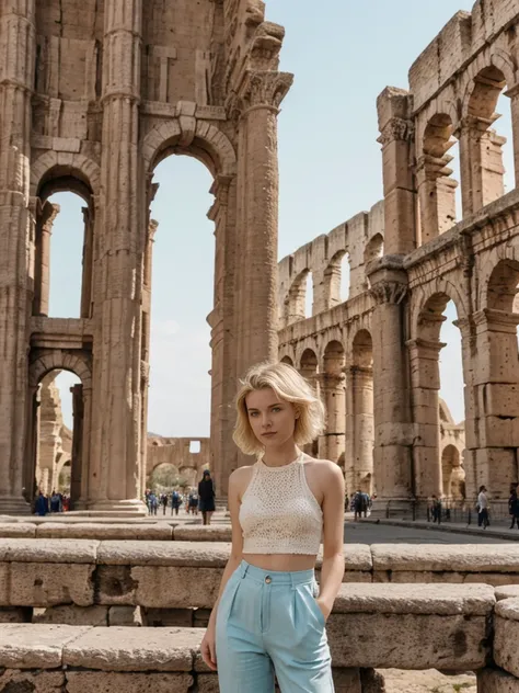 her name is Elle, high quality, 1girl, ((20-year-old fit Caucasian woman)), ((20 years old)), ((fit)), ((pale skin)), short bob blonde hair , wearing Crochet Crop Top + High-Waisted Linen Pants, pose: standing, background: Detail the historic grandeur of t...