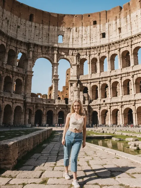 her name is Elle, high quality, 1girl, ((20-year-old fit Caucasian woman)), ((20 years old)), ((fit)), ((pale skin)), short bob blonde hair , wearing Crochet Crop Top + High-Waisted Linen Pants, pose: standing, background: Detail the historic grandeur of t...