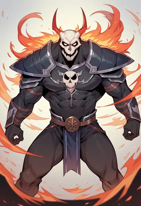 A character design in the style of Marvel Comics, depicting an imposing man with a white skull mask and black body armor. He has red shoulder pads over his shoulders and arms. The background is fire from burning concrete blocks. Comic book cartoon illustra...