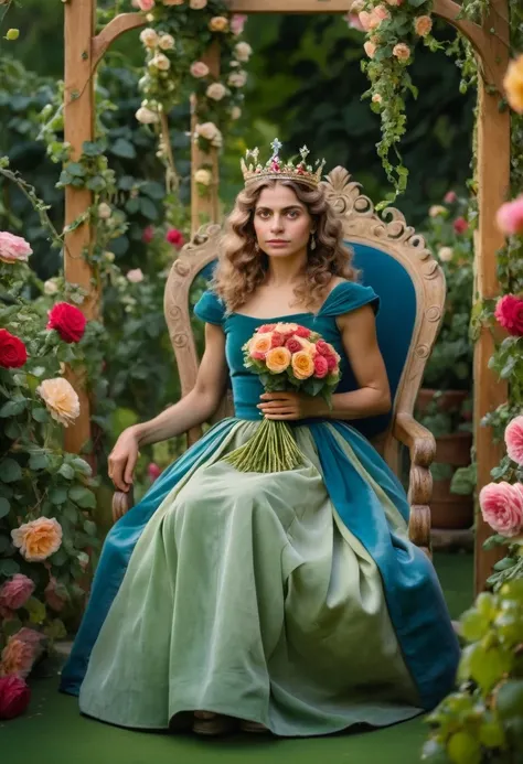 (Queen, crown), The queen wearing a crown, dressed in a skirt woven with flowers, sat on a vine chair surrounded by roses and vines. Her hair was adorned with flowers, and she held a bouquet of flowers in her hand, surrounded by various colors of flowers. ...