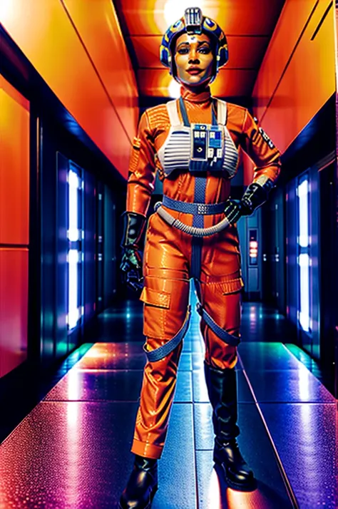 twilek in rebel pilot suit,orange skin,futuristic corridor,tech,space base