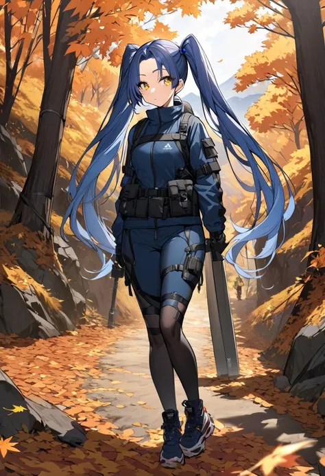 (One very tall woman,Navy Blue Hair,Her hairstyle is twin tails that expose her forehead.,Medium chest,yellow eyes)Japanese spear-wielding woman,Techwear,The background is a hiking trail with autumn leaves on the mountain