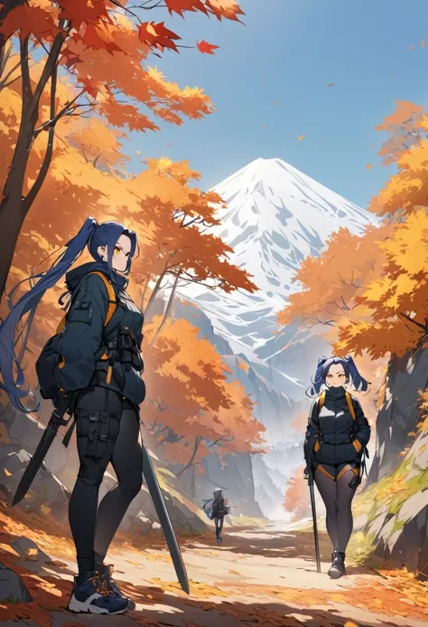 (One very tall woman,Navy Blue Hair,Her hairstyle is twin tails that expose her forehead.,Medium chest,yellow eyes)Japanese spear-wielding woman,Techwear,The background is a hiking trail with autumn leaves on the mountain