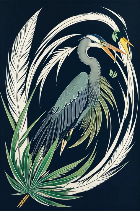 Heron that has its feathers in navy blue and green anime style