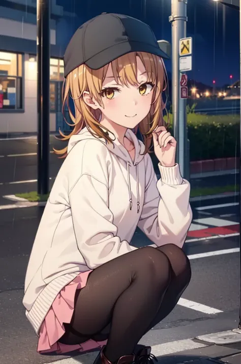 Irohaisshiki, isshiki iroha, Long Hair, Brown Hair, (Brown eyes:1.5), happy smile, smile, Close your mouth,blush,rain,night,Baseball hats,Pink oversized hoodie,mini skirt,Black pantyhose,short boots,Sitting on a bus stop bench、,Hidden in a covered building...