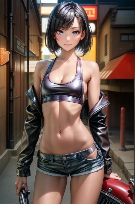 (cowboy shot), (Perfect Anatomy, top-quality, The ultra -The high-definition, high resolution, extremely detailed CG, 8K Unit Wallpapers), 20-year-old lady, solo, beautiful detailed eyes, black hair, short bob hair, blunt bang, (small breasts, statuesque s...