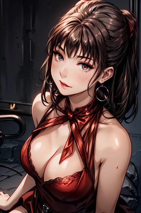 (8K HDR photorealistic pic), Betty Boop, short, althetic, curvy lady, ((tight little red dress)), dark eyebrows, black lipstick, (hoop earrings), dark eyeshadow, black lipstick, curvy, busty, (curly short black hair), shortstack, (retroussé breasts), darli...