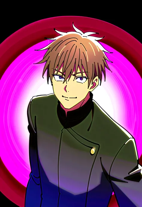 ANIME, Black young man, arrogant smile, Brown hair with purple highlights, using a black coat, Gojou Satoru Hairstyle, BLACK MAN WITH BLACK SKIN COLOR