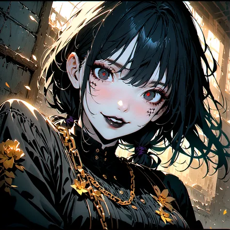 anime, goth style woman, chain accesories, wearing a black suit mixed with golden flowers marks, ((black eyes)), very dark eyes, upper view, both arms on her back, she is hiding her arms on her back, Japanese-style hair tied and a little messy, dark gothic...