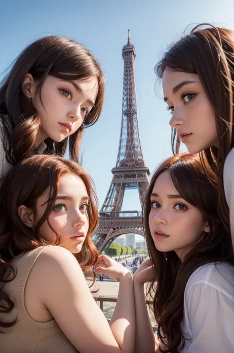 Three girls face the eiffel tower the first girl with curly red hair down to her waist, with slanted eyes and arms like snow, the girl in the middle has straight light brown hair and her hair goes down to her butt, she is white with striking eyes, wears gl...