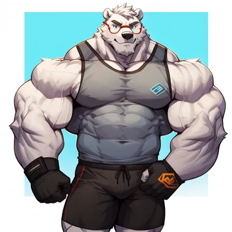 solo, 1boy, Huge Muscular White Polar Bear wearing glasses, huge white fur, pectoral, huge pectoral, wide pectoral, short white hair, blue colored short pants, blue colored wristbands and blue colored tank top, white bearded, white Mustache, white fur, sim...