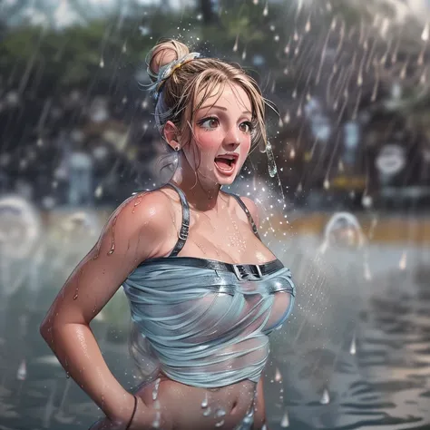 masterpiece of ExtremelyDetailed (ProfessionalPhoto of Stunning women:1.4) Looking at Sky, (((Downpour))), BraidHair with bun, (Joyful Expressions LifeLike Rendering), ((Extremely detailed beautiful face and eyes)) BlushAhegao SmoothArmpit LiquidSoap White...