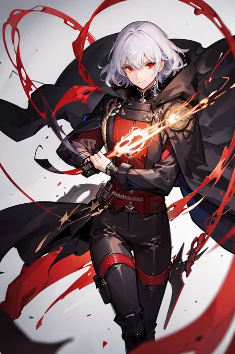 A handsome man with a purple short messy hair, gleaming red eyes, wearing a white shirt with a black and red cape with samurai metal plates and details, red strings, hood and bows, black pants, red moon background, menacing bright red electricity aura, men...