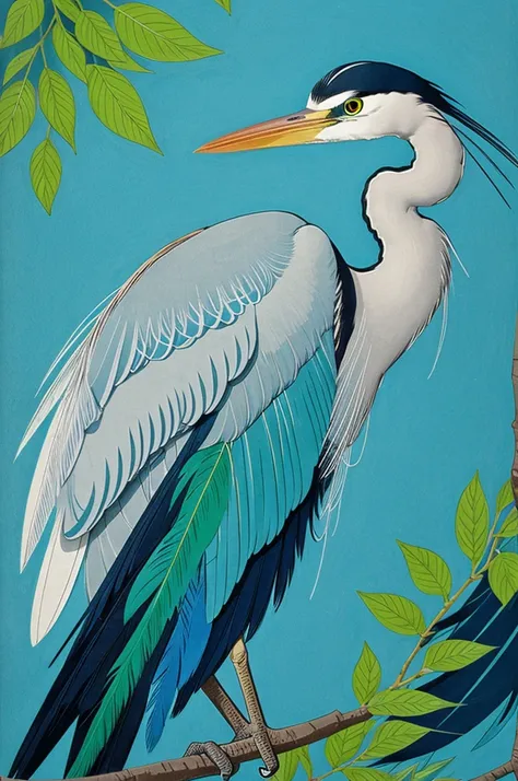 Heron that has bright blue and green feathers, anime style