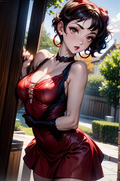 (8K HDR photorealistic pic), Betty Boop, short, althetic, curvy lady, ((tight little red dress)), dark eyebrows, black lipstick, (hoop earrings), dark eyeshadow, black lipstick, curvy, busty, (curly short black hair), shortstack, (retroussé breasts), darli...