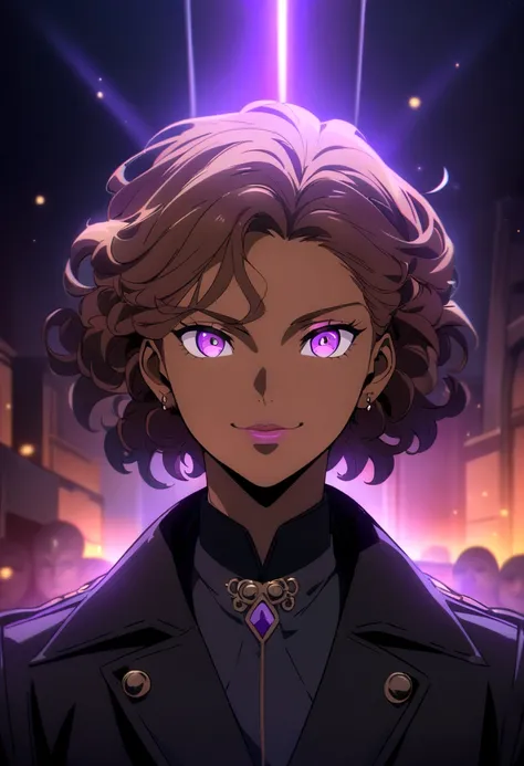 brown young man, arrogant smile, brown hair with purple highlights, using a black coat, gojou satoru hairstyle, brownman with br...