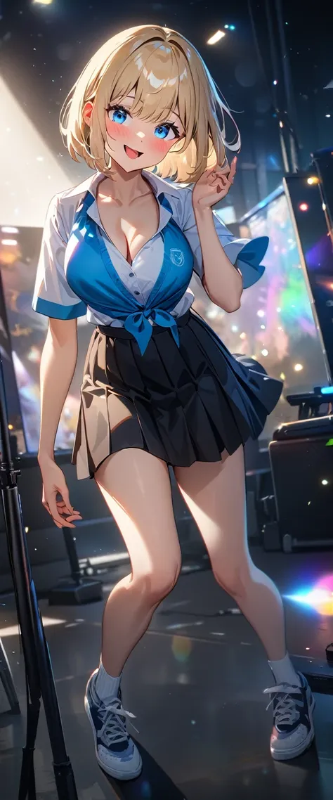 (((One girl))), blond hair, bob cut, (full body), (looking at viewer), breasts, teenager, head tilt:1.3, (((blue eye))), ((happy smile)), ((full face blush)), tongue out, open mouth, school summer uniform, white shirts, black skirt, cleavage, anime style, ...