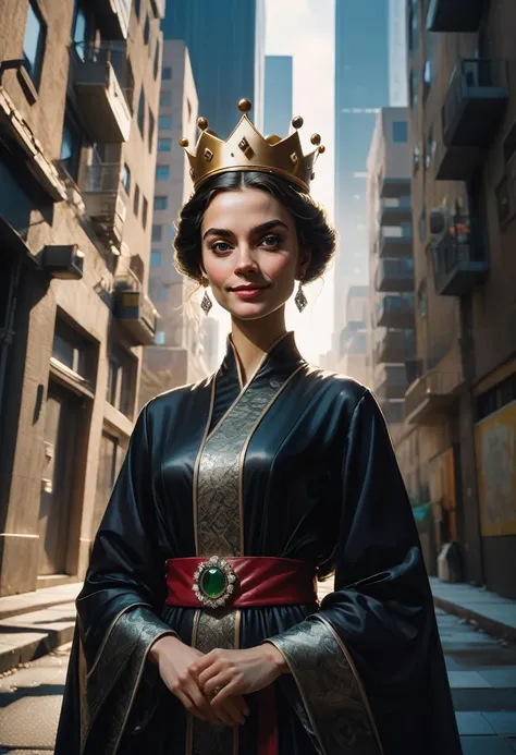 (Queen, crown), The crowned queen stands in the alleys of modern cities, dressed in a black robe. Behind her are tall buildings and long shadows, with a mysterious smile on her face, as if ready to disappear into the darkness at any moment. The camera is s...