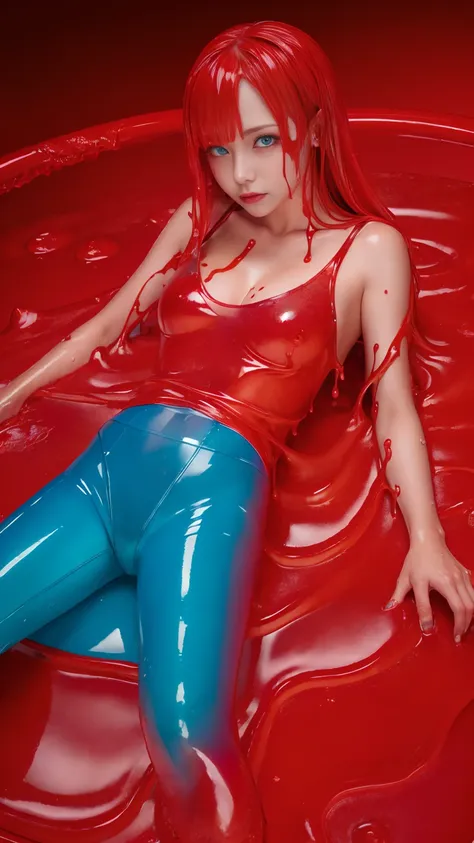 (High resolution,Tabletop:1.2),Super detailed,(Realistic:1.37),Portraiture,Full Body Shot、Slime girl covered in red slime, (Partially transparent), (Wet), (Blue Sweat), Red liquid dripping from her body. Her hair is also covered in red slime.. Red slime sc...